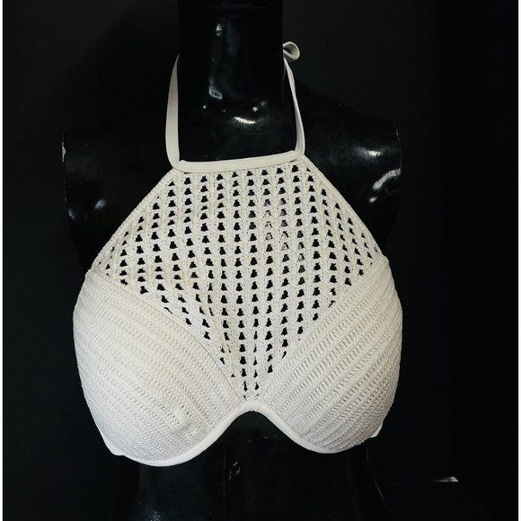 Bikini Top Crochet High Neck Halter Moderate Push Up White 36C - Picture 3 of 12